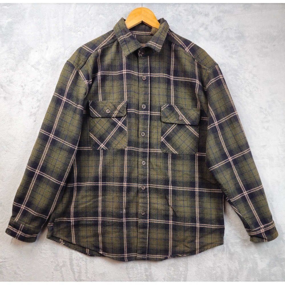 Marino Bay Vintage Brawny Heavy Flannel Shirt Green Plaid Double Pocket Men's XL